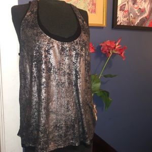 Metallic silver and black mesh tank